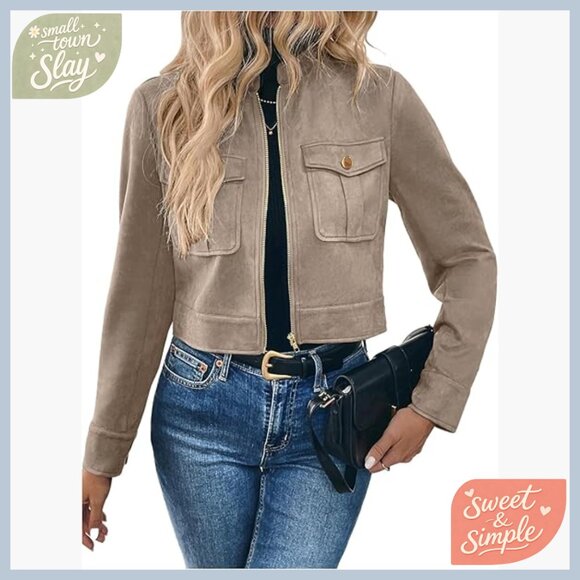 Faux Suede Zip Crop Jacket with Cargo Pockets Size S